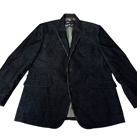 ROBERT GRAHAM Corduroy Classic Black Men's Blazer Blue Geometric Lining Size 44